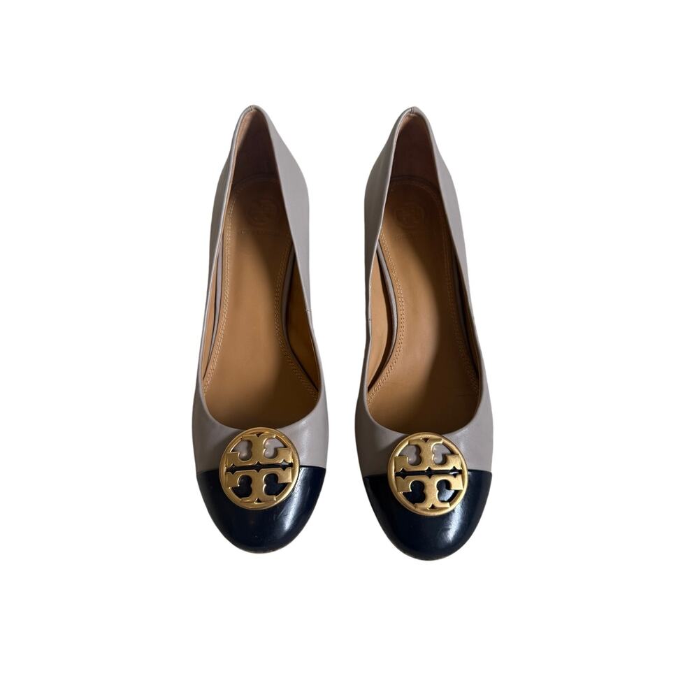 Tory Burch Two-Tone Beige and Black Logo Cap-Toe Flats